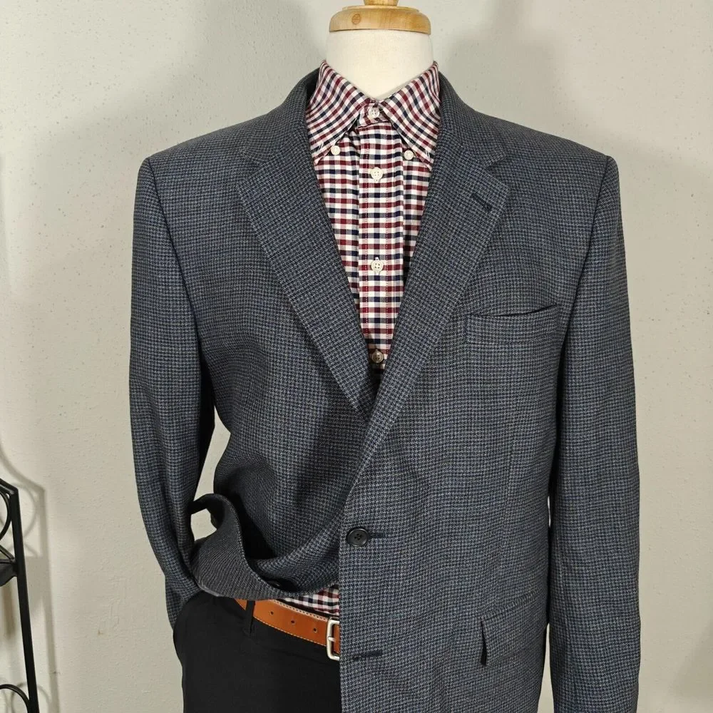 JOS A BANK Men's Flannel Sport Coat Blazer Two‎ Button Navy Houndstooth Wool 46R